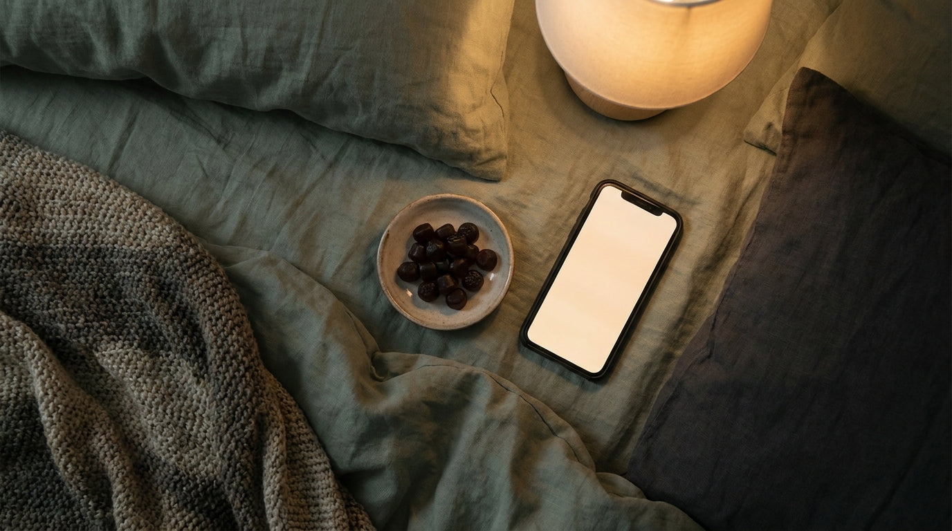 Jar of Hush sleep gummies on a nightstand beside a dim lamp and an open book at bedtime