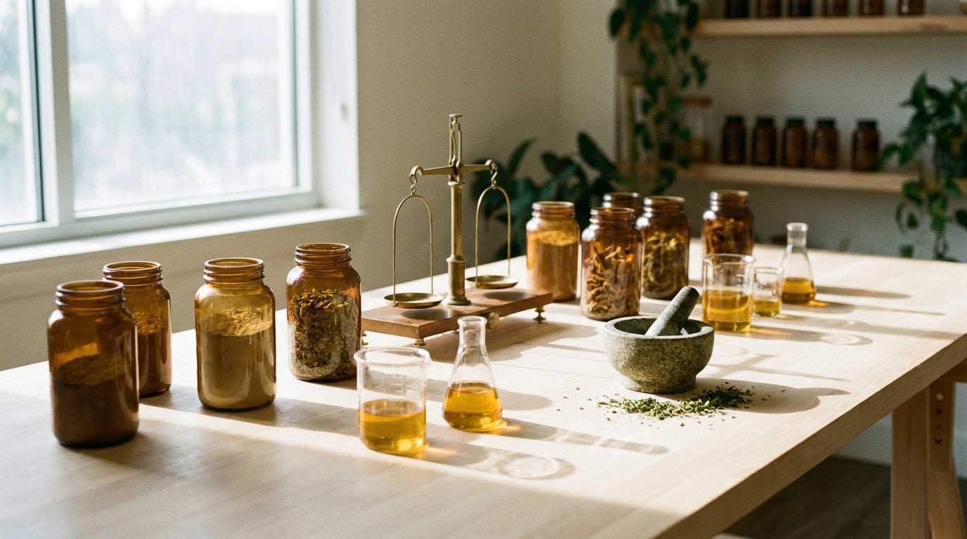 Bright wellness laboratory bench with botanical ingredients and glass beakers