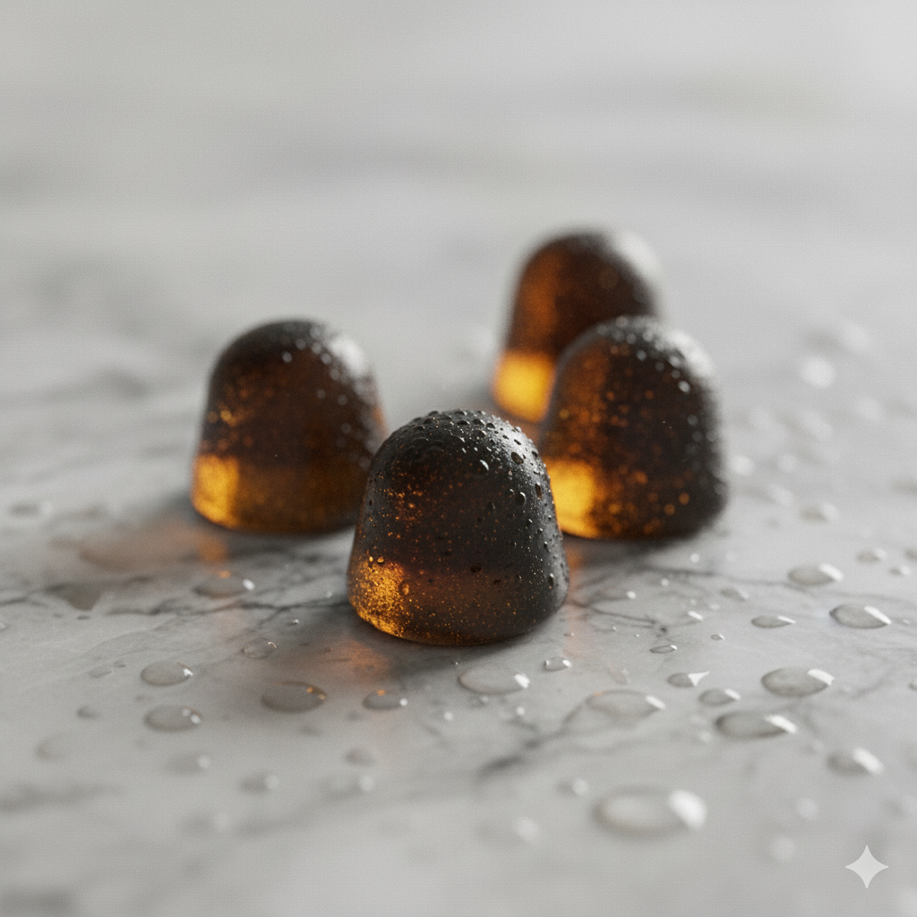 Deva shilajit gummies Himalayan mineral complex ashwagandha cordyceps gummy close-up detail by Hermetica Superfoods