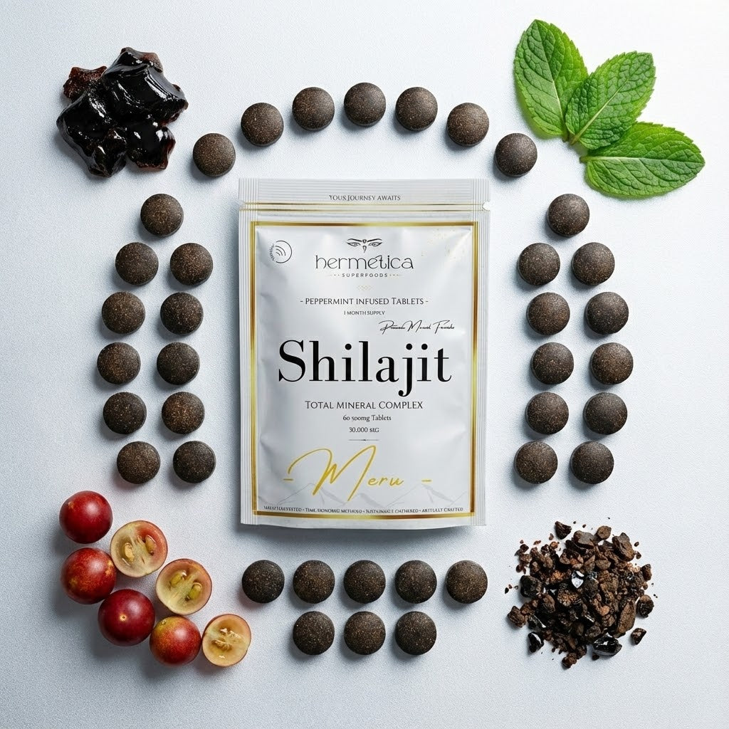 Meru shilajit tablets Himalayan peppermint mineral supplement front packaging by Hermetica Superfoods