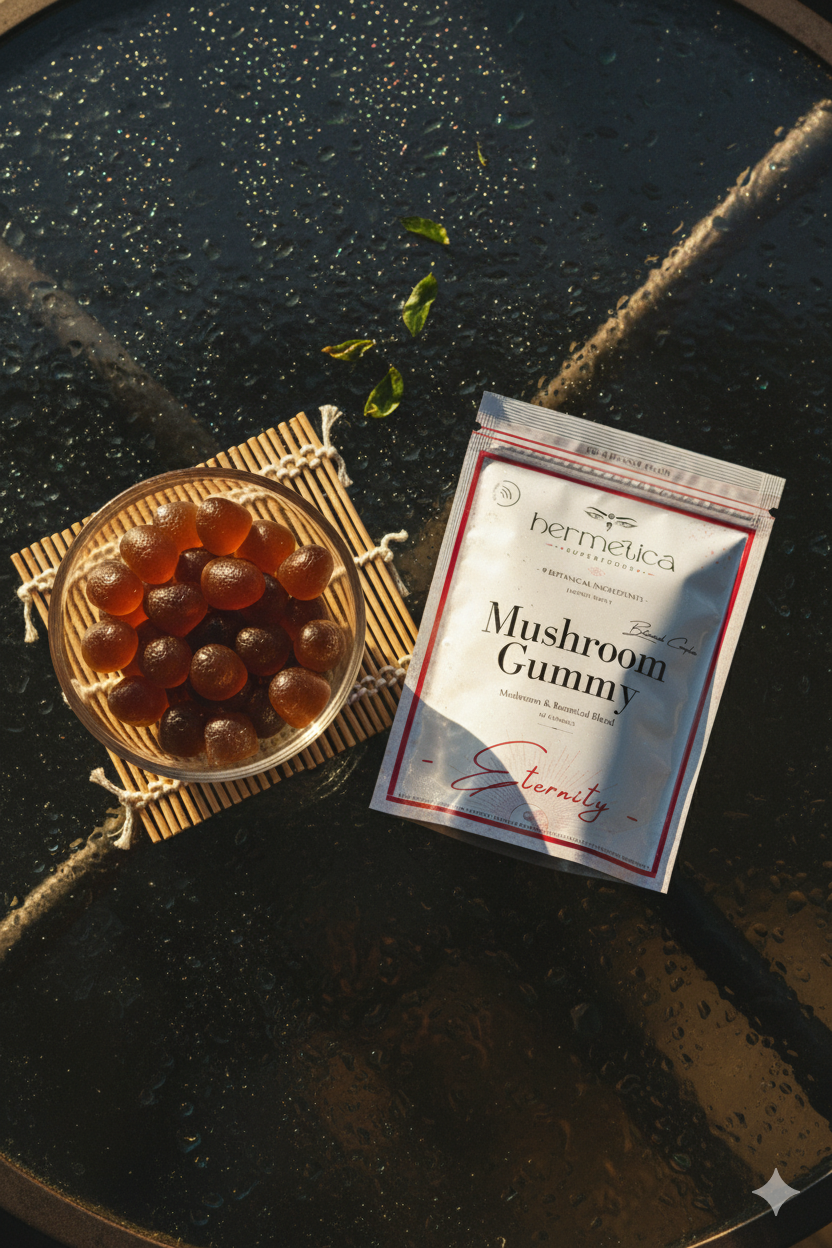 Eternity mushroom gummies lions mane reishi cordyceps chaga front packaging by Hermetica Superfoods