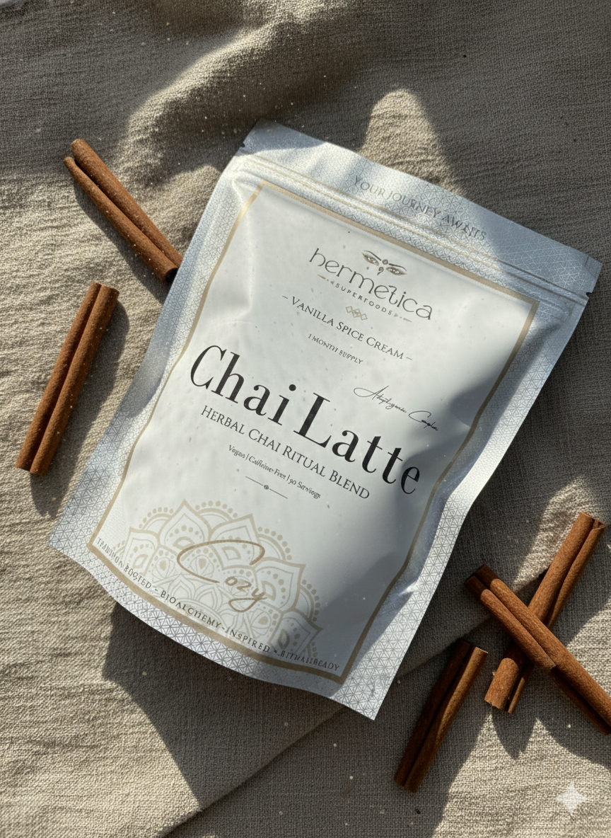 Cozy adaptogenic chai latte superfood ashwagandha lions mane front packaging by Hermetica Superfoods