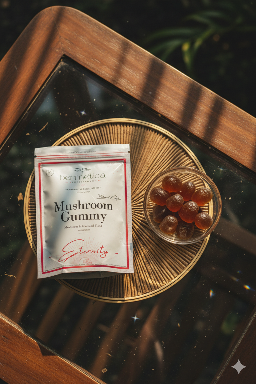 Eternity mushroom gummies lions mane reishi cordyceps chaga supplement facts ingredients label by Hermetica Superfoods
