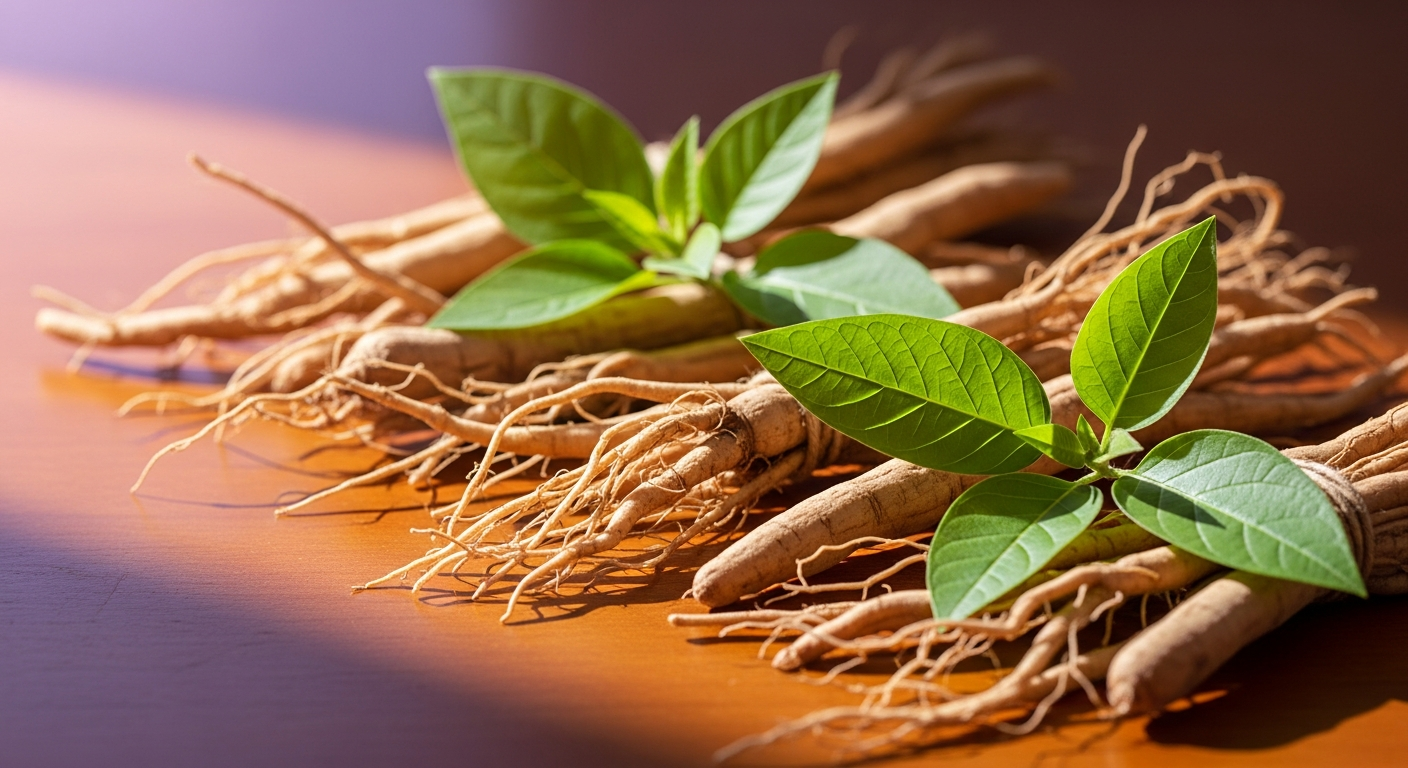 Ashwagandha root and powder with soft purple morning light — clinical cortisol guide