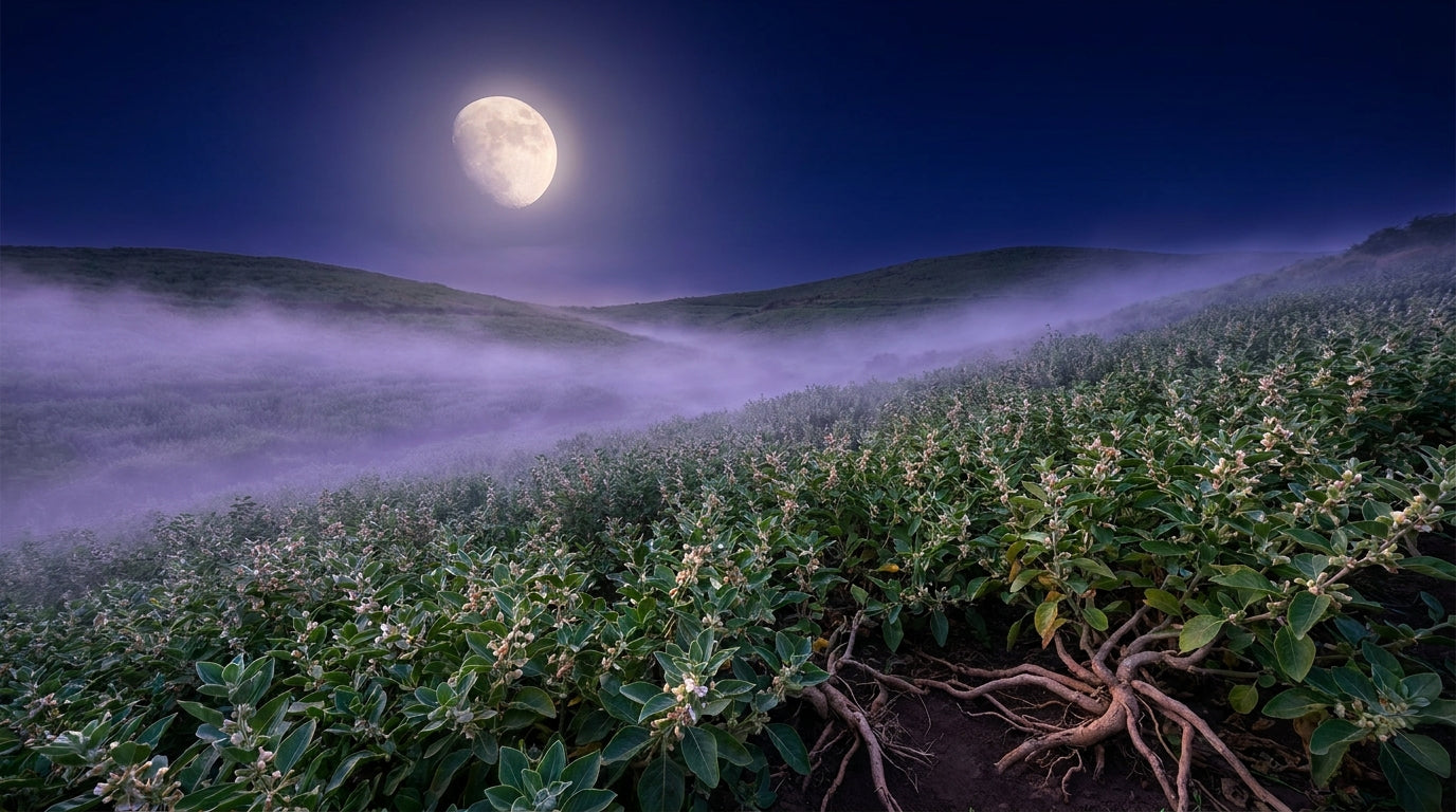 Moonlit ashwagandha field representing calm sleep and a balanced stress response