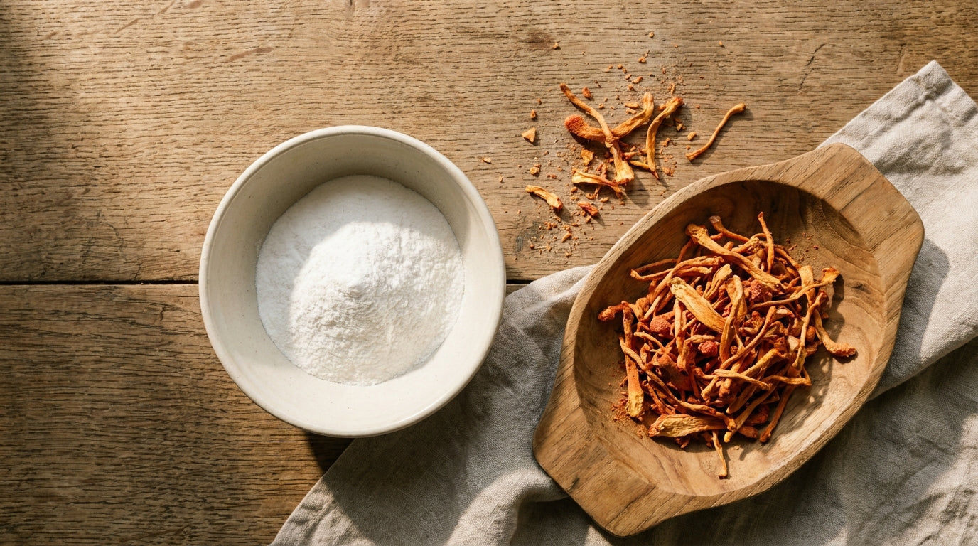 Creatine powder and dried cordyceps mushrooms compared side by side on a wooden table