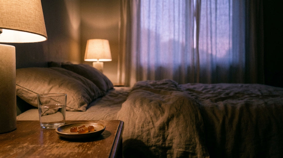 Hush vs. LullaBites label comparison — calm bedside scene with sleep gummies at dusk