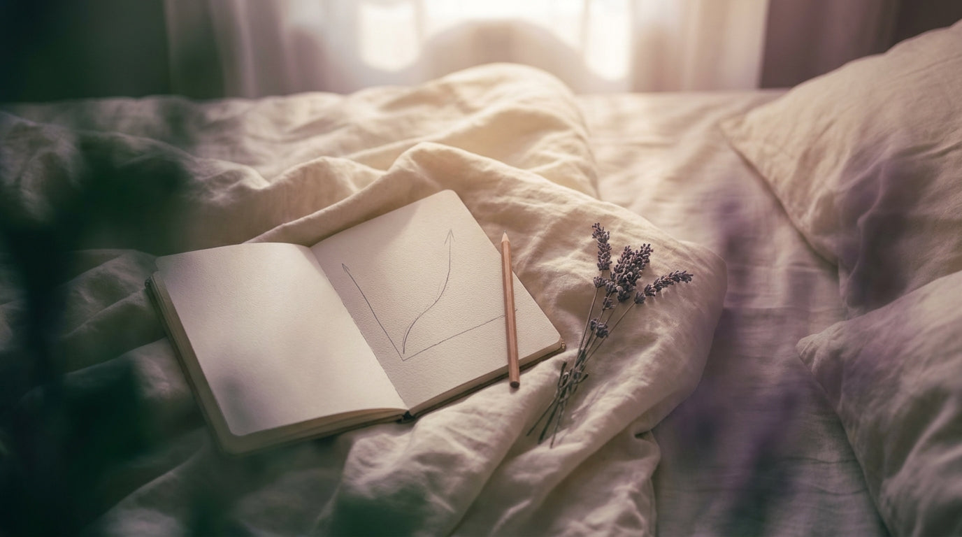 Morning light on cream linen with an open notebook showing a rising curve