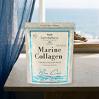 Blue Crush Marine Collagen Gummies in a coastal morning ritual — Hermetica Superfoods