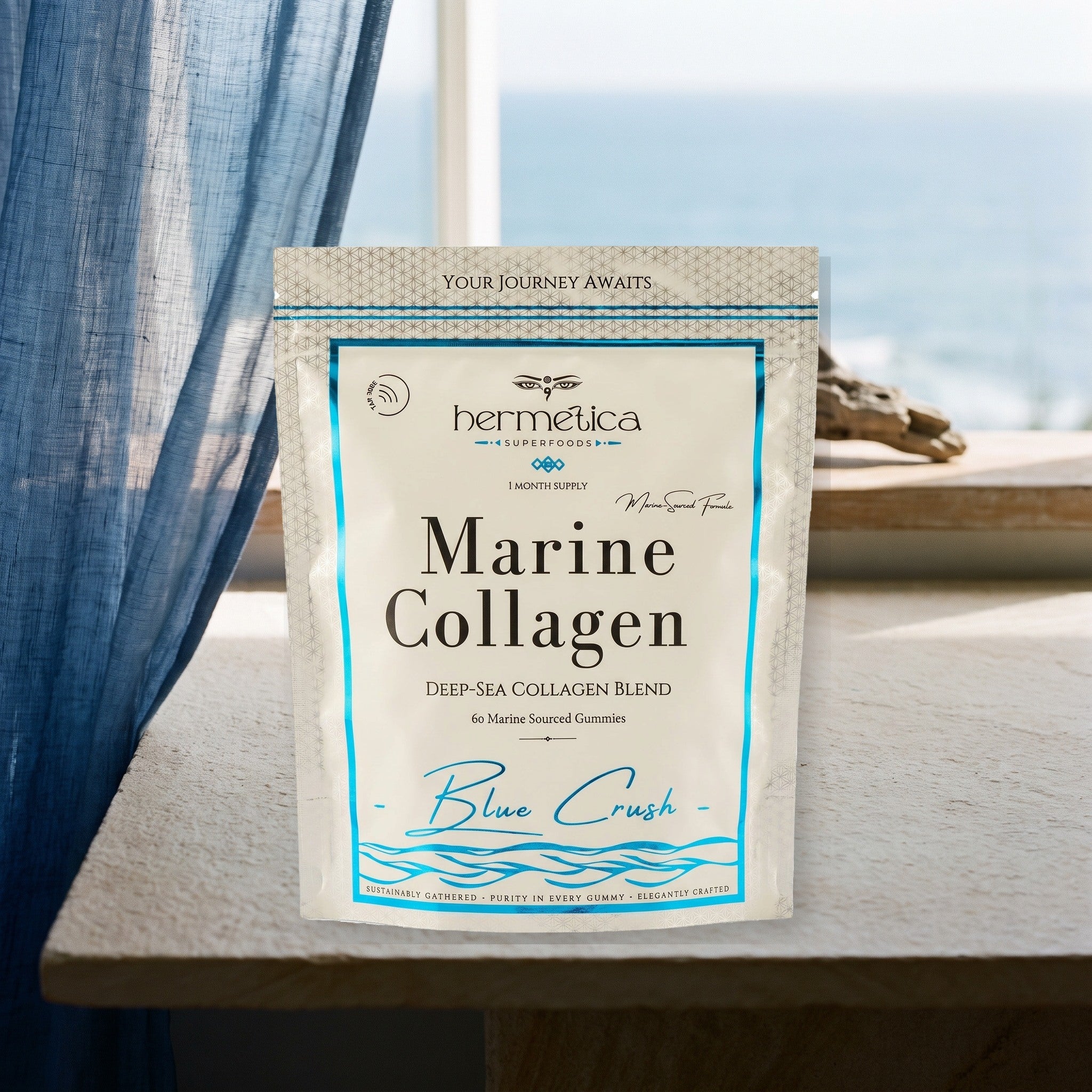 Blue Crush Marine Collagen Gummies in a coastal morning ritual — Hermetica Superfoods