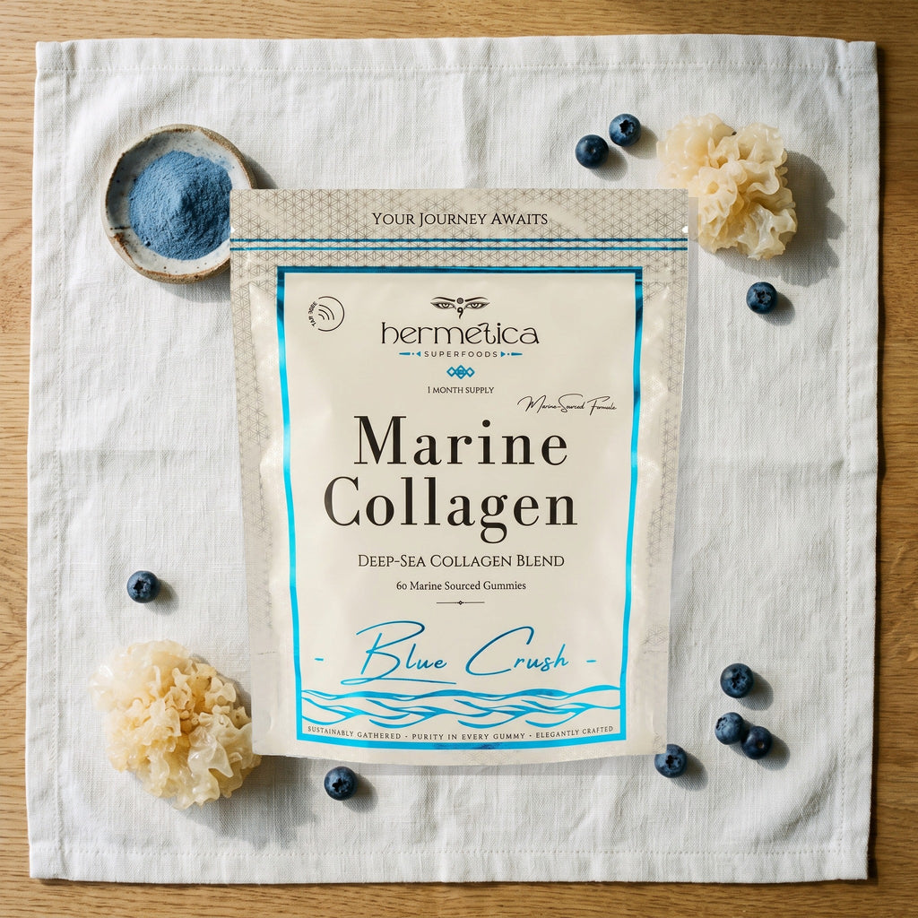 Blue Crush Marine Collagen Gummies marine botanical flat lay — Hermetica Superfoods