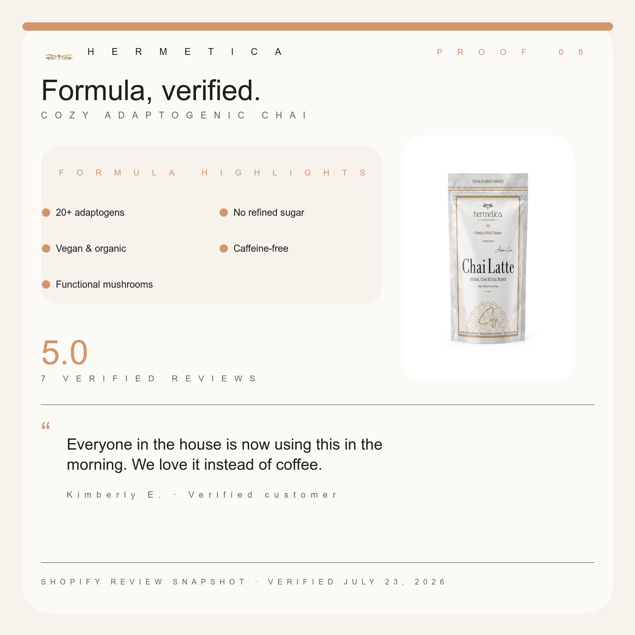 Cozy Adaptogenic Chai: verified formula highlights and customer review — Hermetica Superfoods