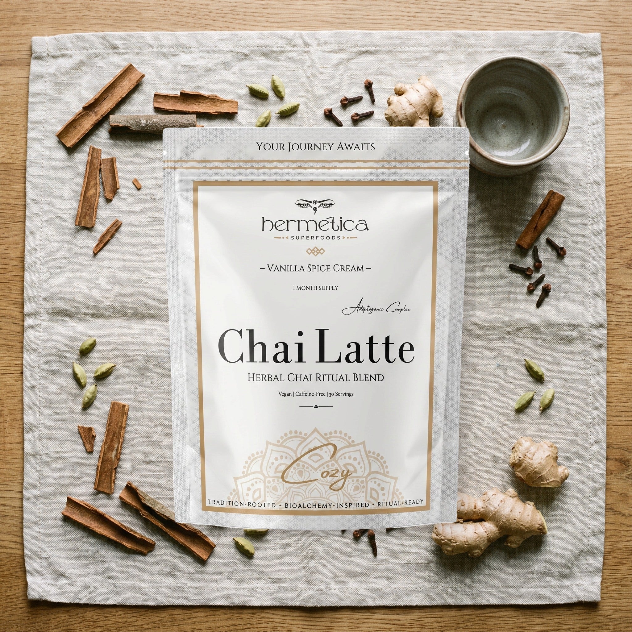 Cozy Adaptogenic Chai spice flat lay — Hermetica Superfoods