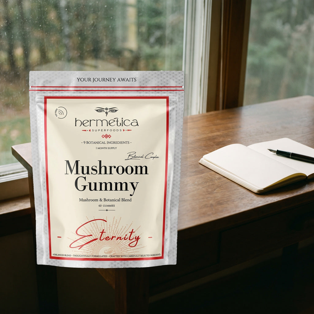 Eternity Mushroom Gummies in a quiet daytime focus ritual — Hermetica Superfoods