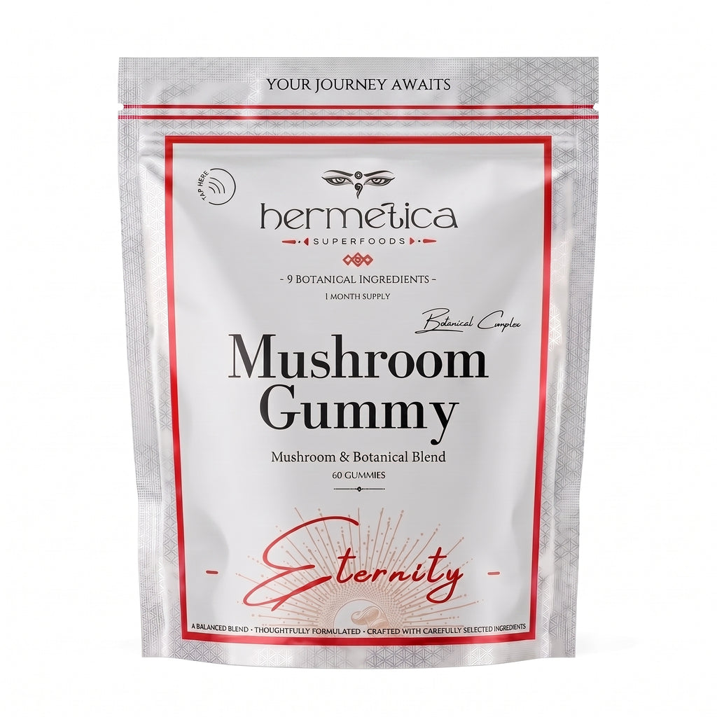 Hermetica Eternity Mushroom Gummies neutral silver pouch on a clean white background.