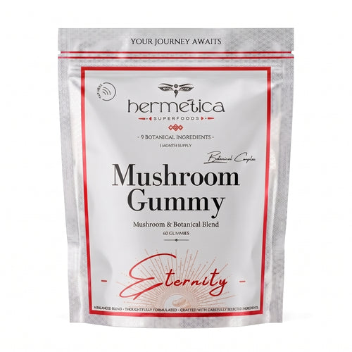 Hermetica Eternity Mushroom Gummies neutral silver pouch on a clean white background.