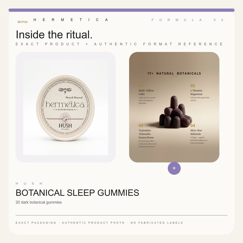 Hush Sleep Gummies: product format and packaging reference — Hermetica Superfoods