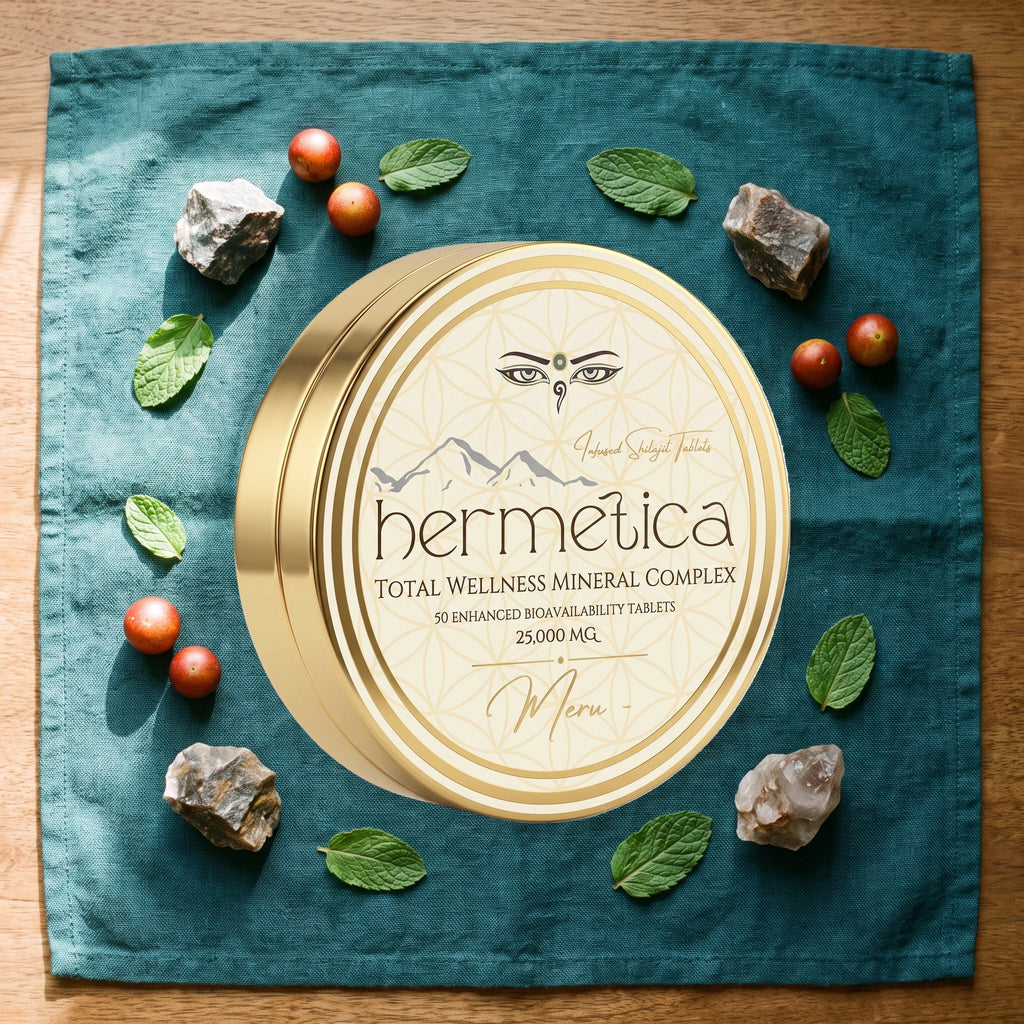 Meru Shilajit Tablets botanical flat lay — Hermetica Superfoods