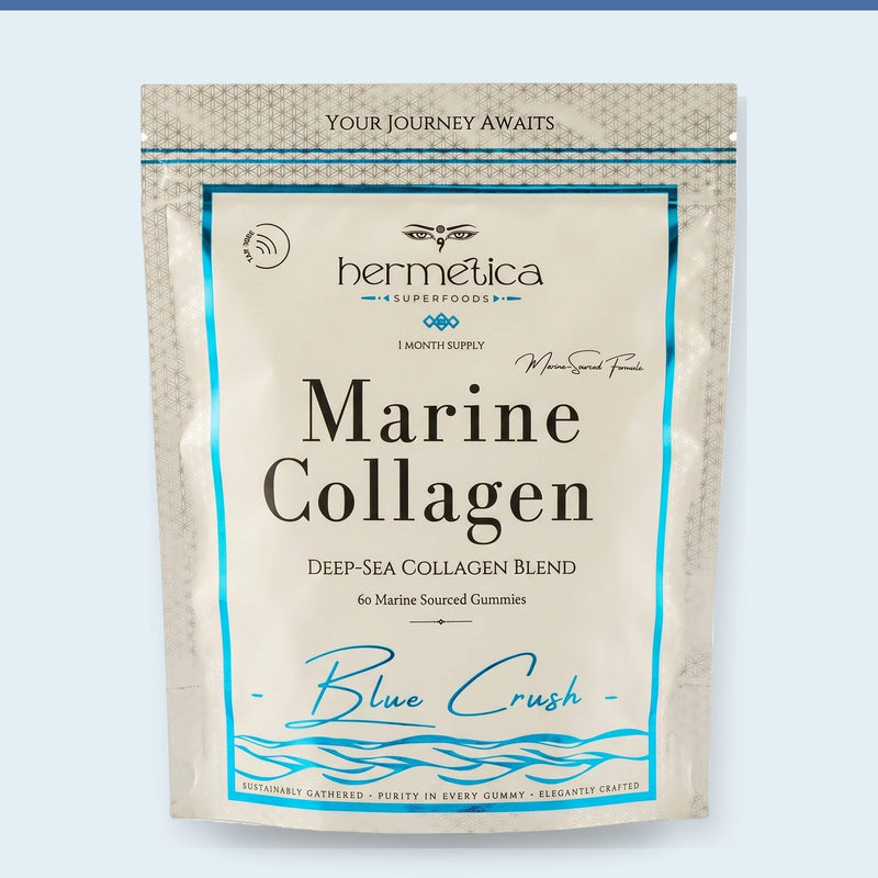 Clean package-detail panel showing the current Blue Crush Marine Collagen Gummies pouch