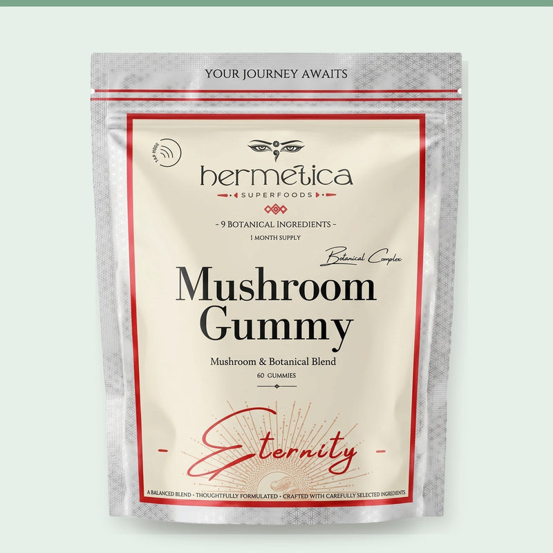 Clean package-detail panel showing the current Eternity Mushroom Gummies pouch