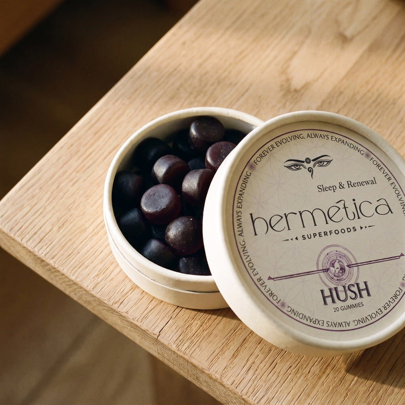 Open Hush tin photographed with the real dark botanical gummies