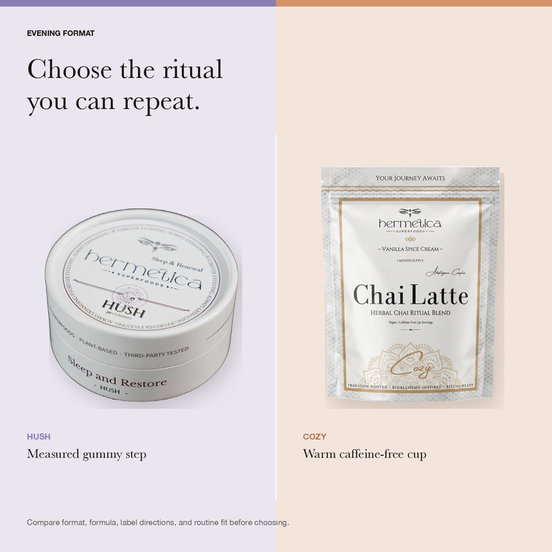Hush Sleep Gummies and Cozy Adaptogenic Chai evening-format comparison