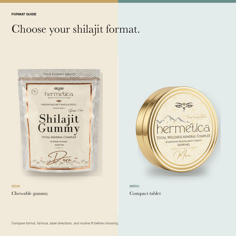 Deva gummy pouch and Meru tablet tin compared by shilajit format
