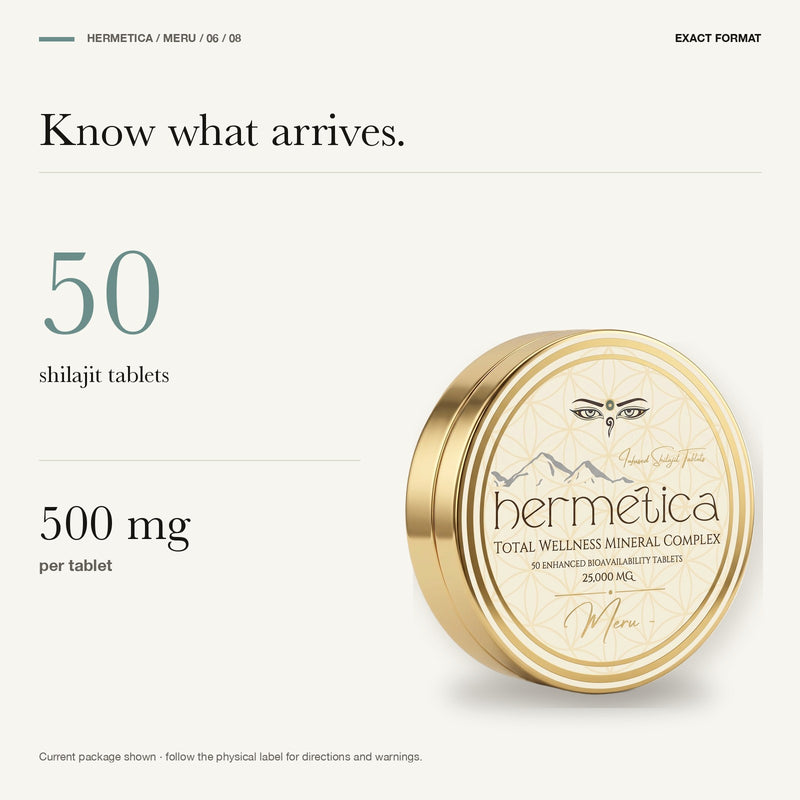 Meru format panel showing the current 50-tablet and 500-milligram-per-tablet package