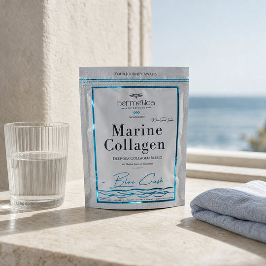 Blue Crush Marine Collagen Gummies pouch on pale limestone at a luminous coastal vanity