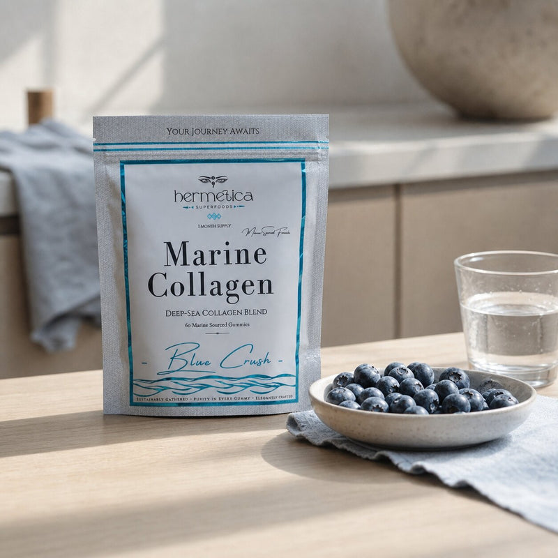 Blue Crush Marine Collagen pouch in a bright morning kitchen with blueberries and water