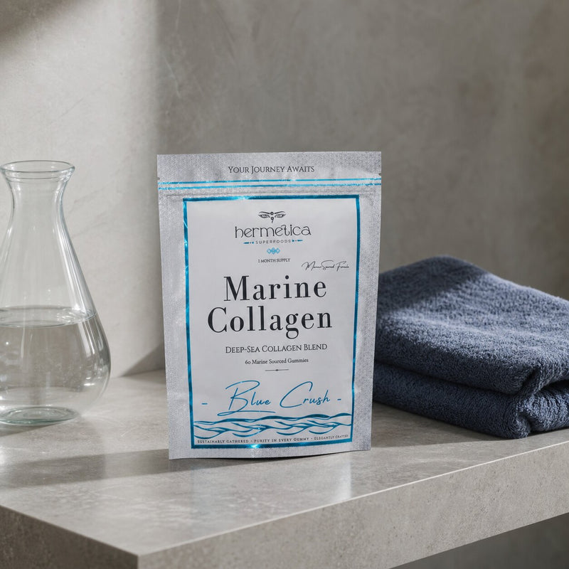 Blue Crush Marine Collagen pouch on a cool mineral shelf with blue towels and water