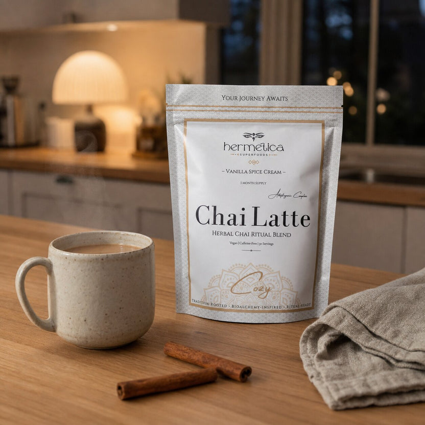 Cozy Adaptogenic Chai pouch in a sophisticated evening kitchen
