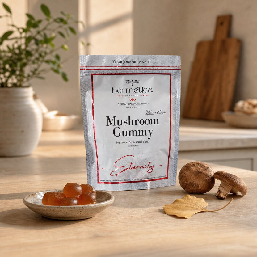 Eternity Mushroom Gummies pouch in a modern botanical kitchen