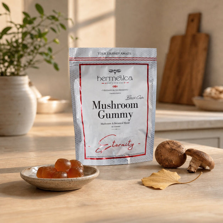 Eternity Mushroom Gummies pouch in a modern botanical kitchen