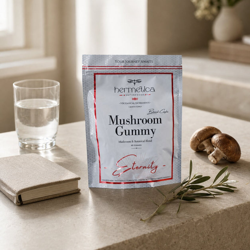 Eternity Mushroom Gummies pouch in a warm morning wellness ritual