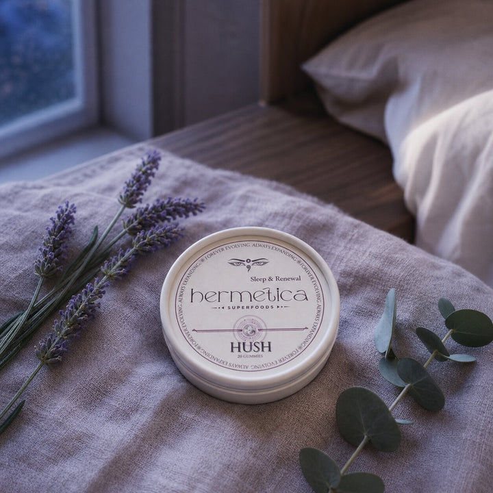 Hush Sleep Gummies tin in a lavender linen bedroom at blue hour