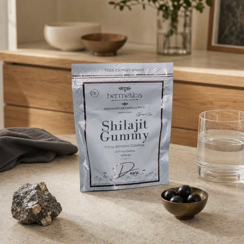 Deva Shilajit Gummies pouch in a premium stone and walnut ritual