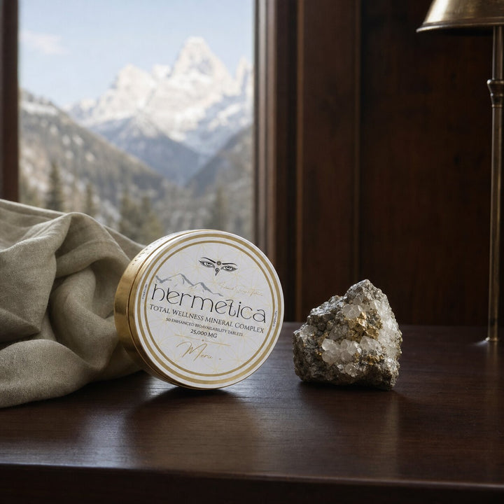 Meru Shilajit Tablets gold tin on walnut beside a mineral at an alpine window