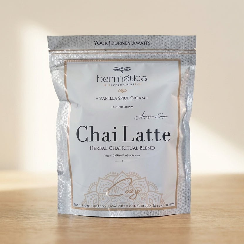 Cozy Adaptogenic Chai pouch on a side table by an armchair with a knit blanket
