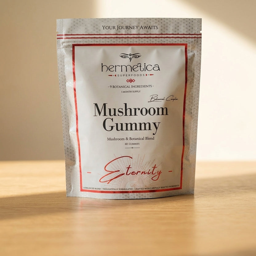 Eternity Mushroom Gummies pouch on an oak desk with a journal and tea in morning light