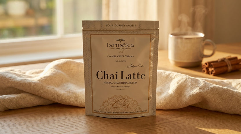 Cozy Adaptogenic Chai pouch on a wooden counter beside a steaming mug of chai