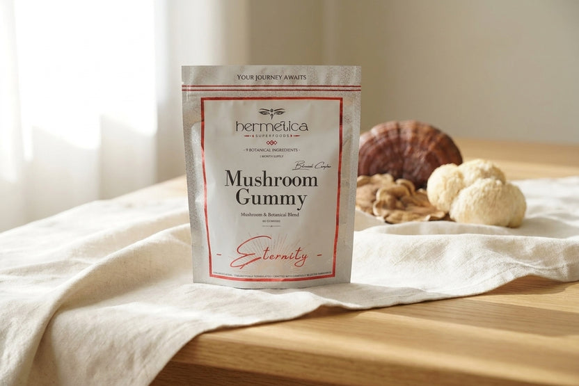 Eternity Mushroom Gummies pouch on a wooden shelf beside dried mushrooms and reishi