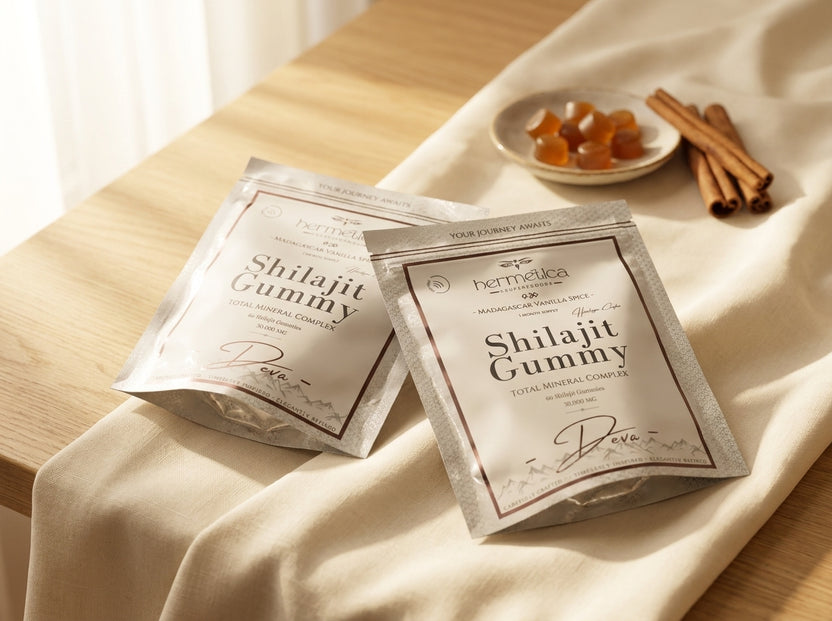 Deva Shilajit Gummies pouch on warm sandstone in golden light with mineral stones