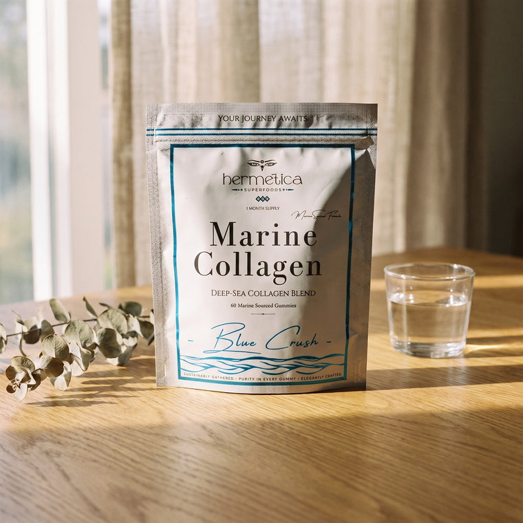 Blue Crush Marine Collagen pouch on a light oak table in morning light with eucalyptus and water
