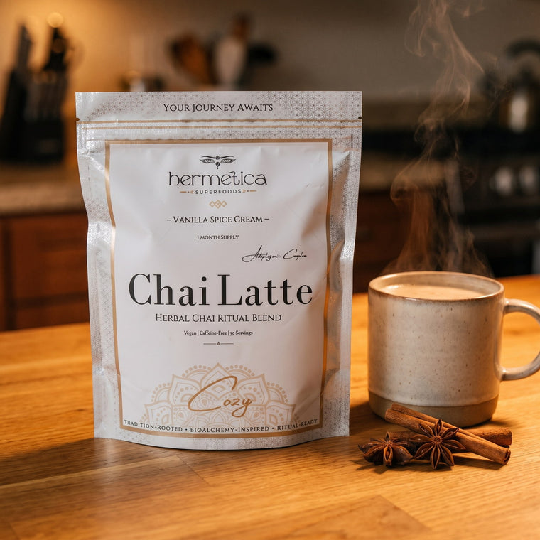 Cozy Adaptogenic Chai pouch on a wooden counter beside a steaming mug of chai