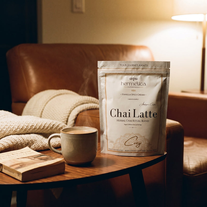 Cozy Adaptogenic Chai pouch on a side table by an armchair with a knit blanket