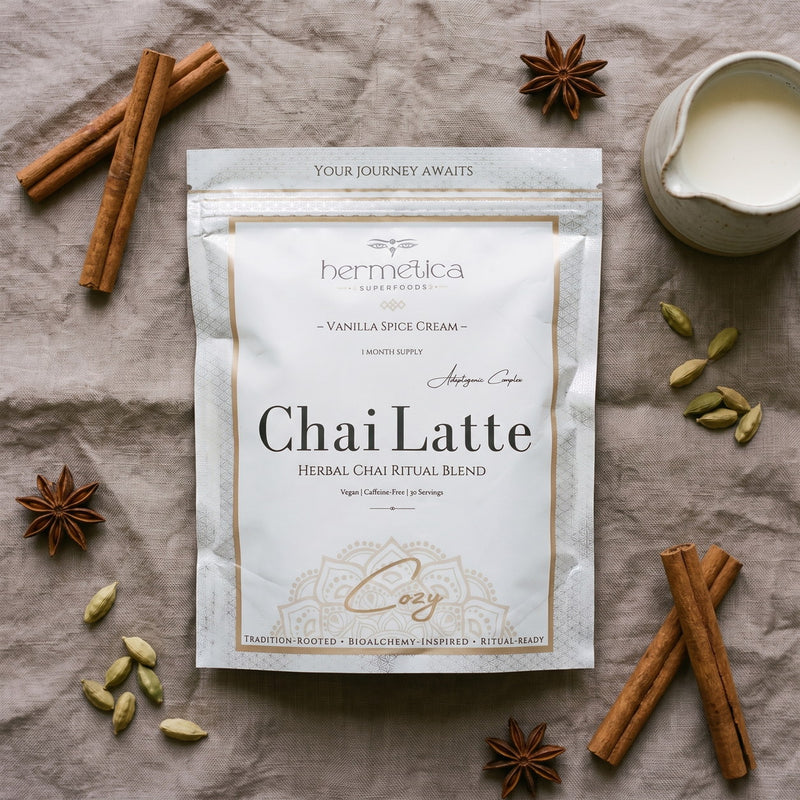 Overhead flat lay of the Cozy Adaptogenic Chai pouch with chai spices and cream
