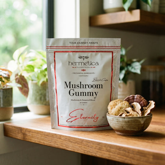 Eternity Mushroom Gummies pouch on a wooden shelf beside dried mushrooms and reishi