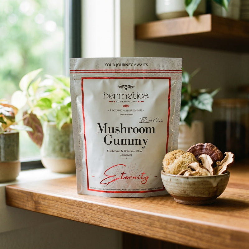 Eternity Mushroom Gummies pouch on a wooden shelf beside dried mushrooms and reishi