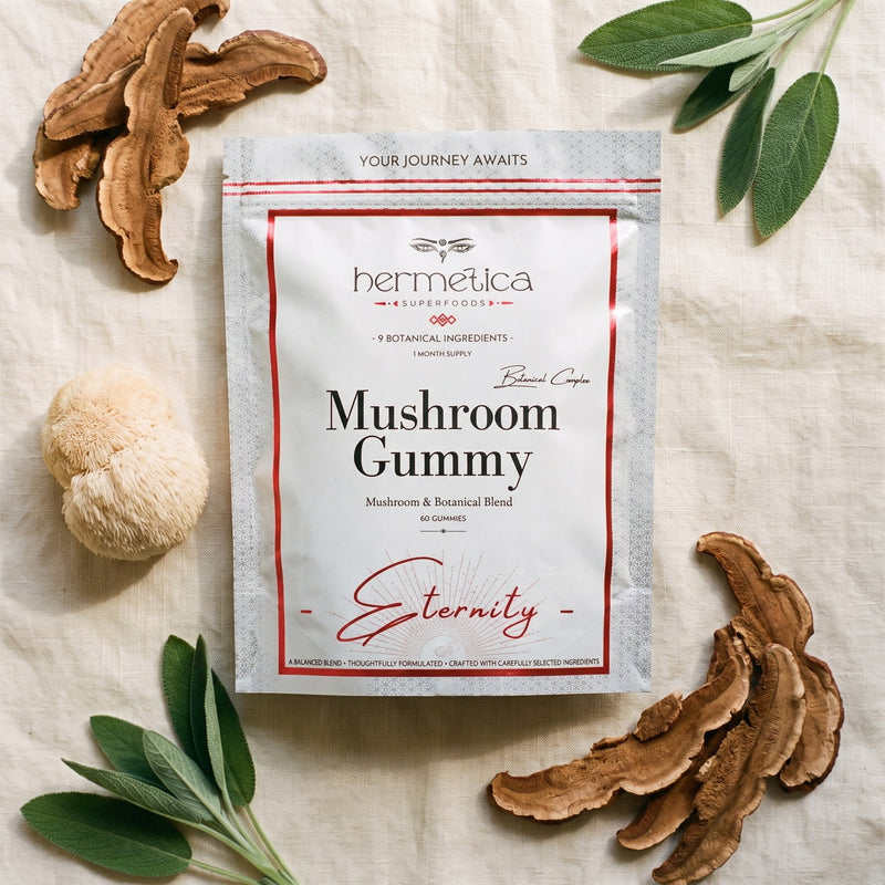 Overhead flat lay of the Eternity Mushroom Gummies pouch with dried mushrooms and sage